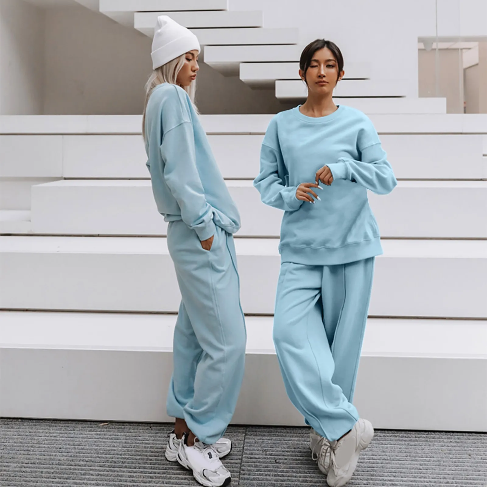 Women's Sets Solid Color Long-sleeved Long Pants Sports Casual Suit With Pockets Jogging Tracksuit Outfits Femme Clothing 2
