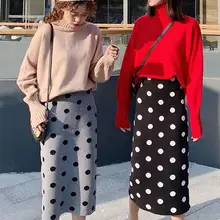 Осень-зима, вязаные женские юбки в горошек, тянущиеся, с разрезом, с высокой талией, мягкие, вязаные, женские юбки