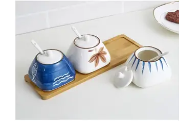 

Japanese condiment pot Ceramic Salt and sugar condiment box condiment monosodium glutamate bottle household kitchen three piec