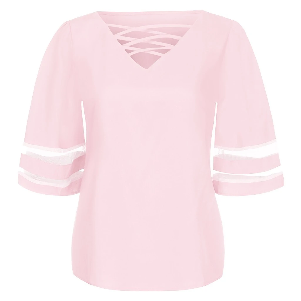 JAYCOSIN Fashion Loose Blouse Female V Neck Mesh Panel Blouses 3/4 Bell Sleeve Casual Loose Blouse Patchwork Ladies Girls 802