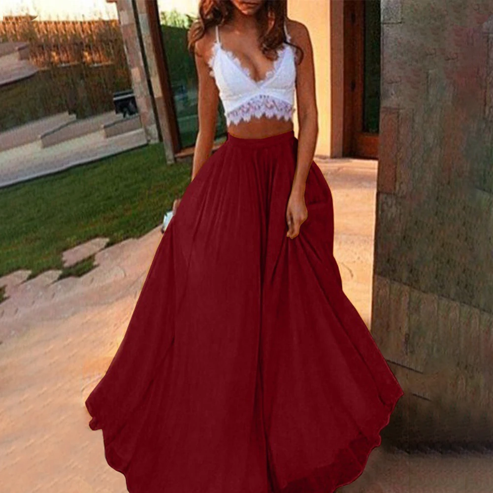 Wine Red Длинные однотонные Макси модные повседневные свободные летние с высокой талией вечерние, сексуальные шифоновые женские юбки на каждый день - Цвет: Wine Red