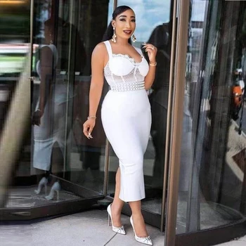 

2019 New Women White Elegant Spaghetti Strap Bandage Dress lace Sexy Hollow Out Metal Ankle Length Bodycon Celebrity Party Dress