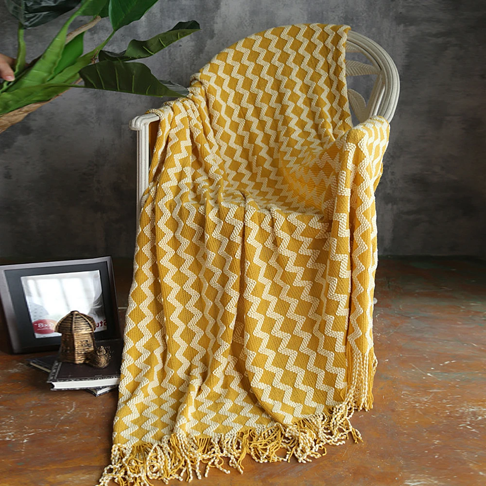 Современное шерстяное вязаное одеяло, мягкое теплое одеяло с геометрическим волнистым узором, переносное одеяло для дома и офиса, для стула, кровати, дивана - Цвет: Цвет: желтый