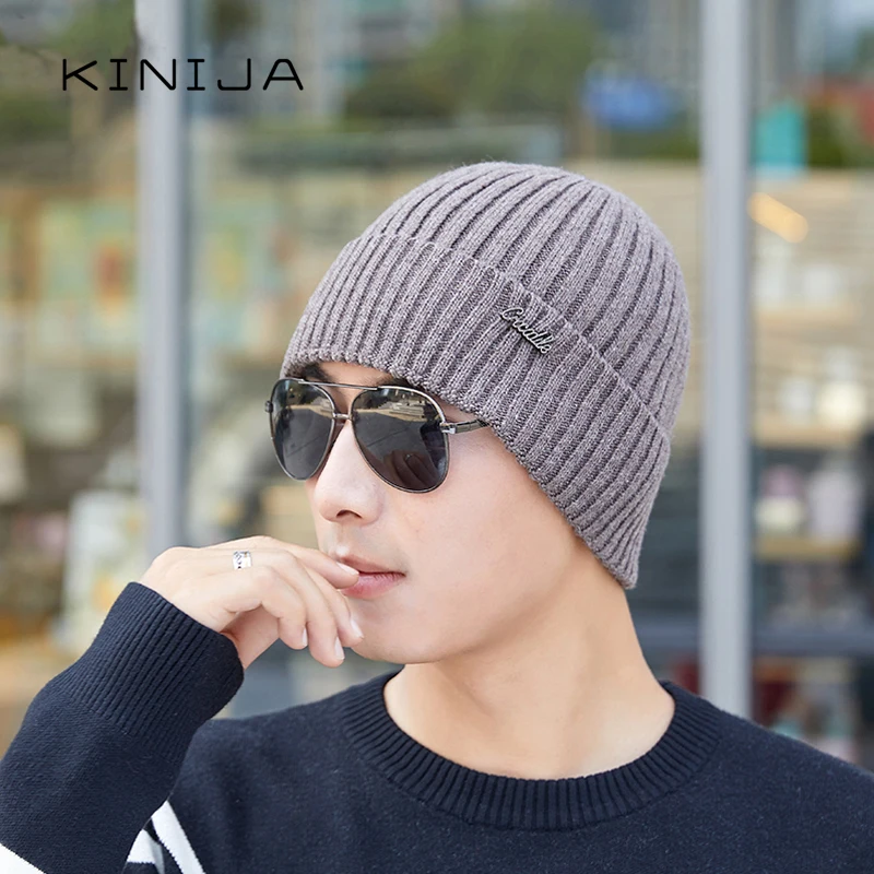 

New pure color men's knitting hat wool hat thickened in autumn and winter outdoor hood warm hat barrel hat head guard hat