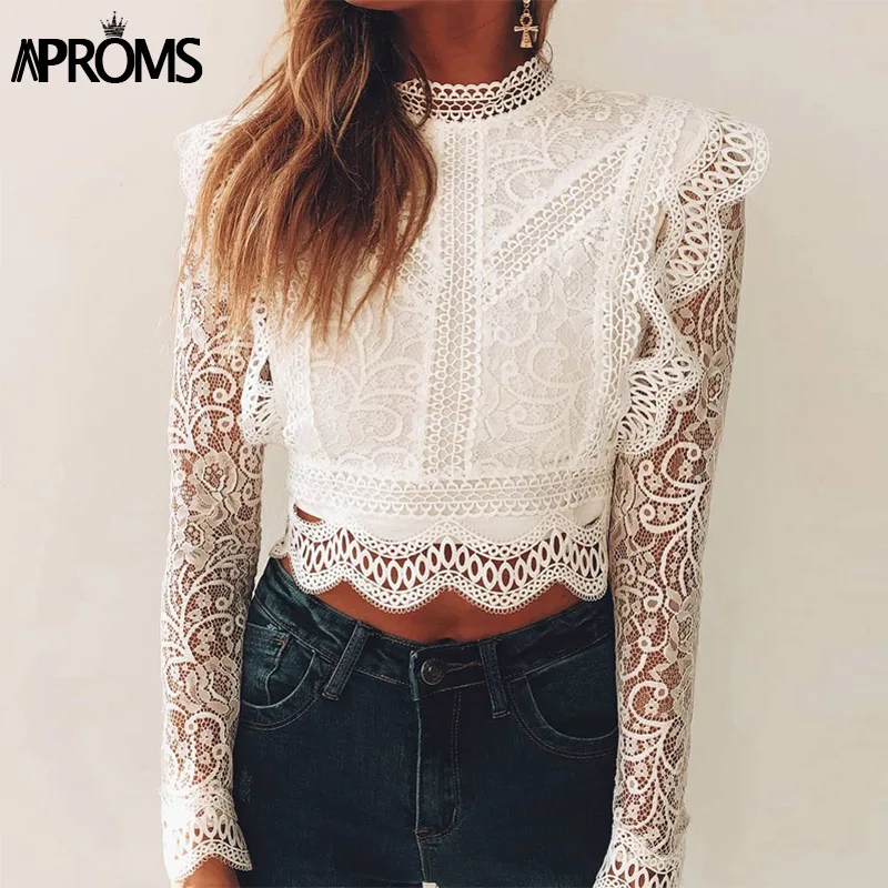 White Lace Blouse Shirt Long Sleeve Turtleneck OC0191