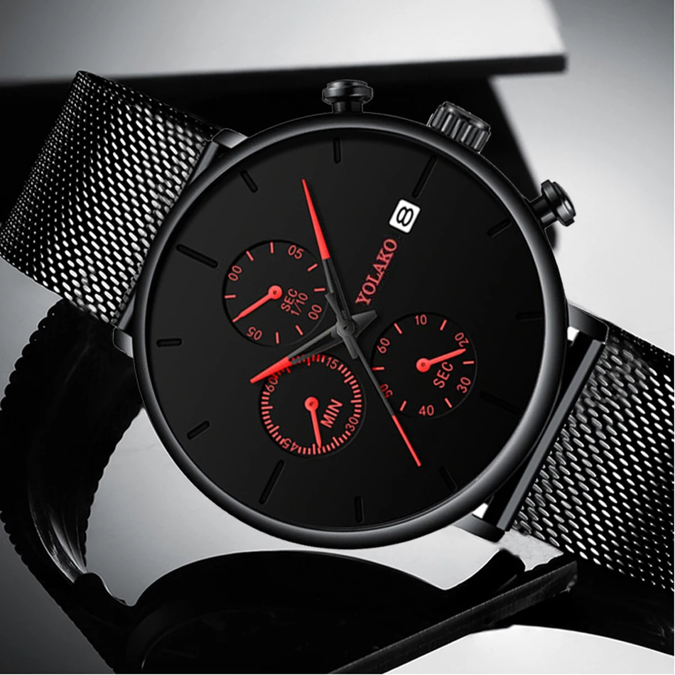 Мужские модные классические черные наручные часы с роскошным сетчатым ремешком, ультра тонкие часы Relojes Hombre, повседневные деловые кварцевые часы с календарем