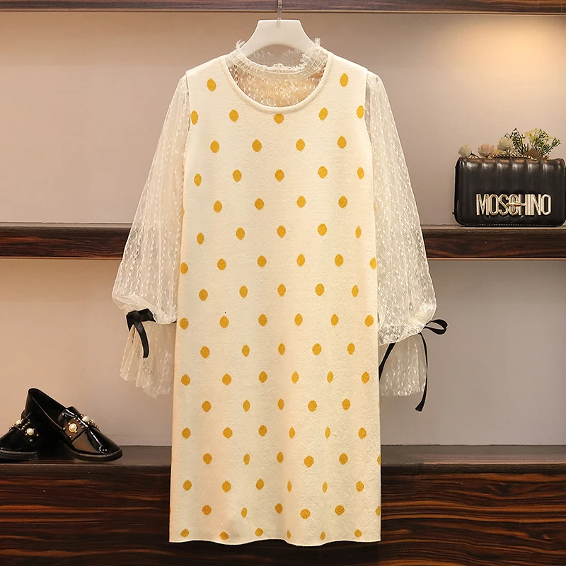 Yellow Twinset XL-5XL, большие размеры, женское платье из двух частей, осень, винтажные кружевные блузки с длинными рукавами и вязаная кофта без рукавов в горошек, платья - Цвет: Yellow Twinset