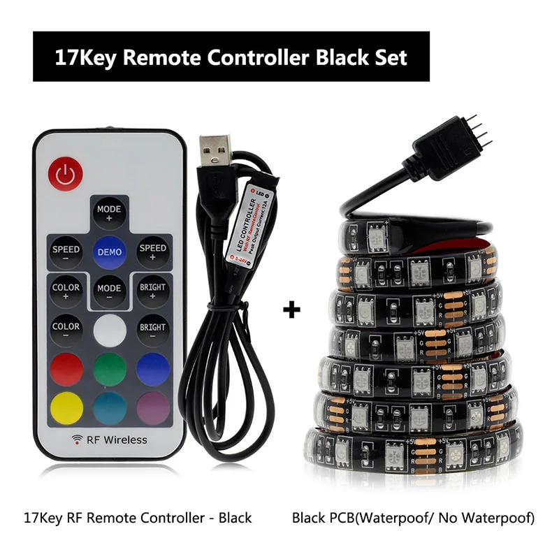 USB Светодиодная лента 5050 RGB сменная цветная гибкая светодиодная лента для самостоятельной сборки Водонепроницаемая не Водонепроницаемая 0,5 м 1 м 2 м с USB контроллером - Испускаемый цвет: Black 17Keys