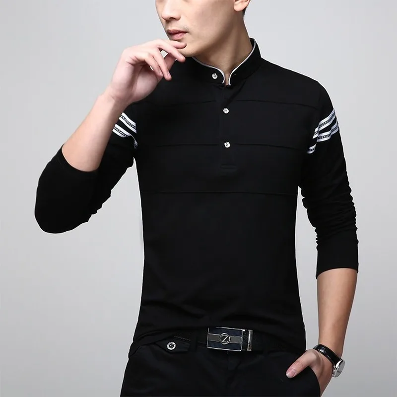Mens T Shirts Fashion 2019 Autumn New Cotton Long Sleeve T Shirt Men Casual Stand Solid Men Clothes T Shirt Men