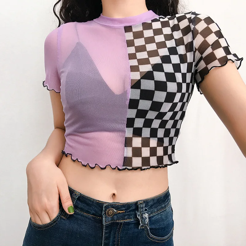 

Women's T-shirts Summer Splicing Perspective Checkerboard Sexy Show Your Navel Top Side Short Sleeve O-Neck Slim Tees Female