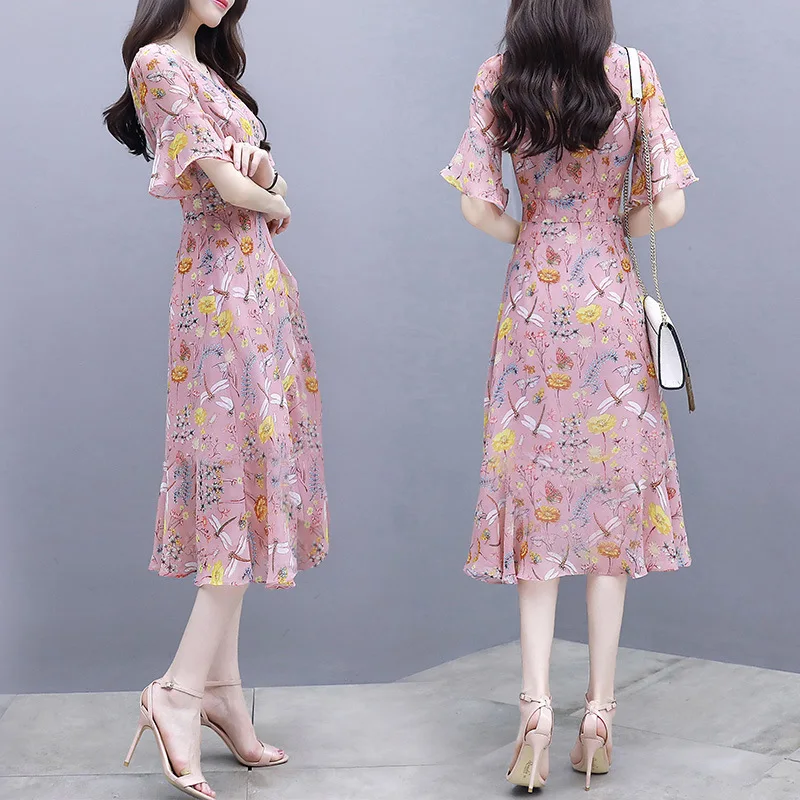 

Floral-Print Dress Women's Summer 2019 New Style Slim Fit Elegant Slimming Mid-length V-neck Flounced Skirt