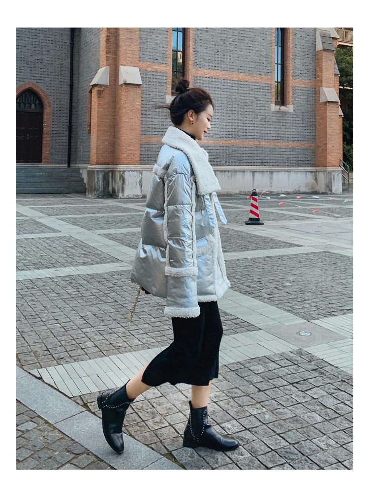 New Women Silver Jacket Lambswool Fur one Down Jackets Fashion Glossy Stand Collar Cotton Coat Women Winter Warm Outerwear