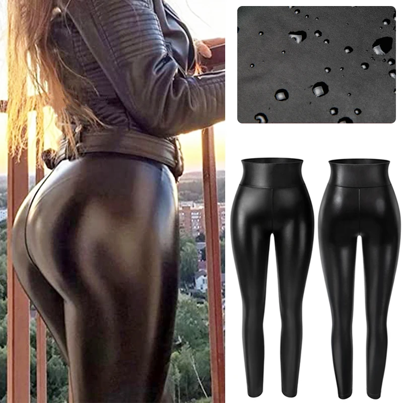 Faux Leather Leggings Women Black Stretchy Push Up High Waist Pants  Waterproof Knitted Fitness Skinny Spandex Jeggings