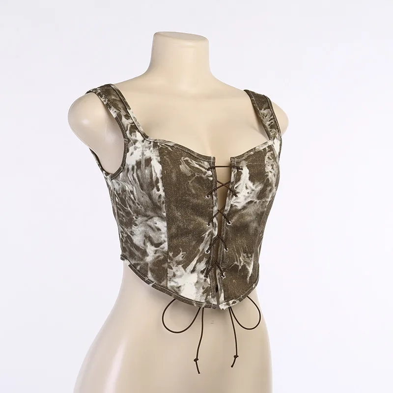 Women's Hollow Lace-up Sleeveless Short Crop Top Square Neck Low-cut Sexy Vest Backless Bottoming Shirt Autumn Lady Party Wear