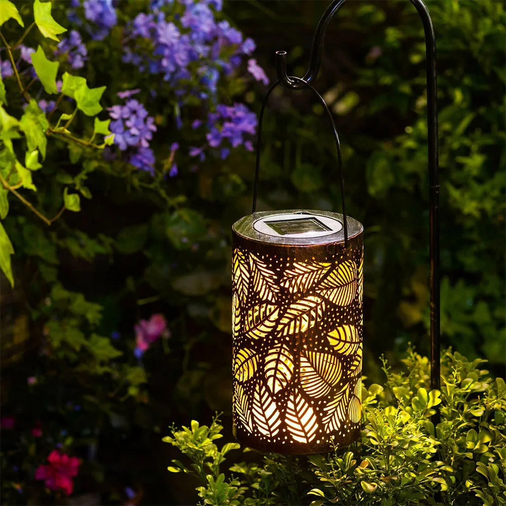 Portable Garden Light Solar Powered Outdoor Hanging Corrosion Resistant Hollowed Atmosphere Leaf Pattern Iron Structure Lawn
