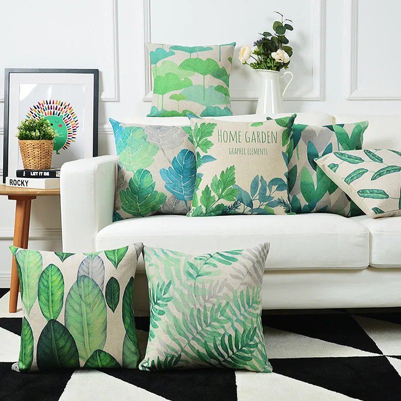 

Rural Watercolor Floral Pillow Cover Green leaves Cushion Cover Home Decorative Linen Pillow Case Office Sofa Cushion Cover