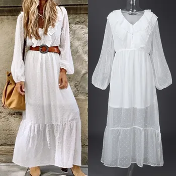 

Plus Size Women's Chiffon Ruffle Dress ZANZEA 2020 Puff Sleeve Sundress Elegant Maxi Vestidos Female V Neck Summer Robe Femme