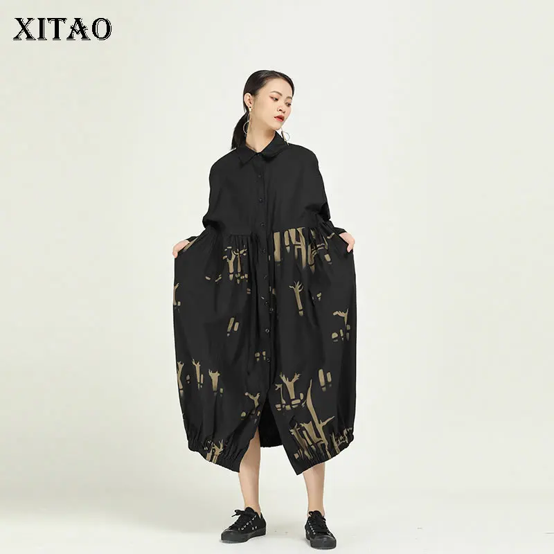 

XITAO Print Pattern Dress Fashion Pleated Single Breast Full Sleeve 2020 Spring Turn Down Collar Casual Loose Dress DMY2747