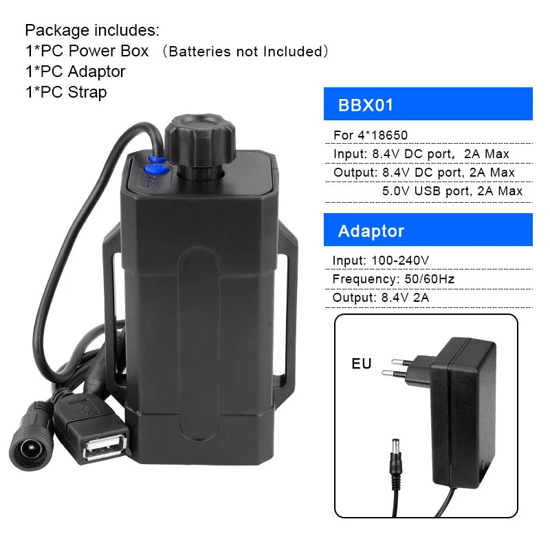 4X18650N2A EUAdaptor Комплект велосипедных ламп Батарея коробка 8,4 V 5V двойной Напряжение Выход для 2/4/6 18650/26650 батареи W/ремень Дополнительный 100-240V для адаптера переменного тока - Цвет: 4X18650N2A EUAdaptor