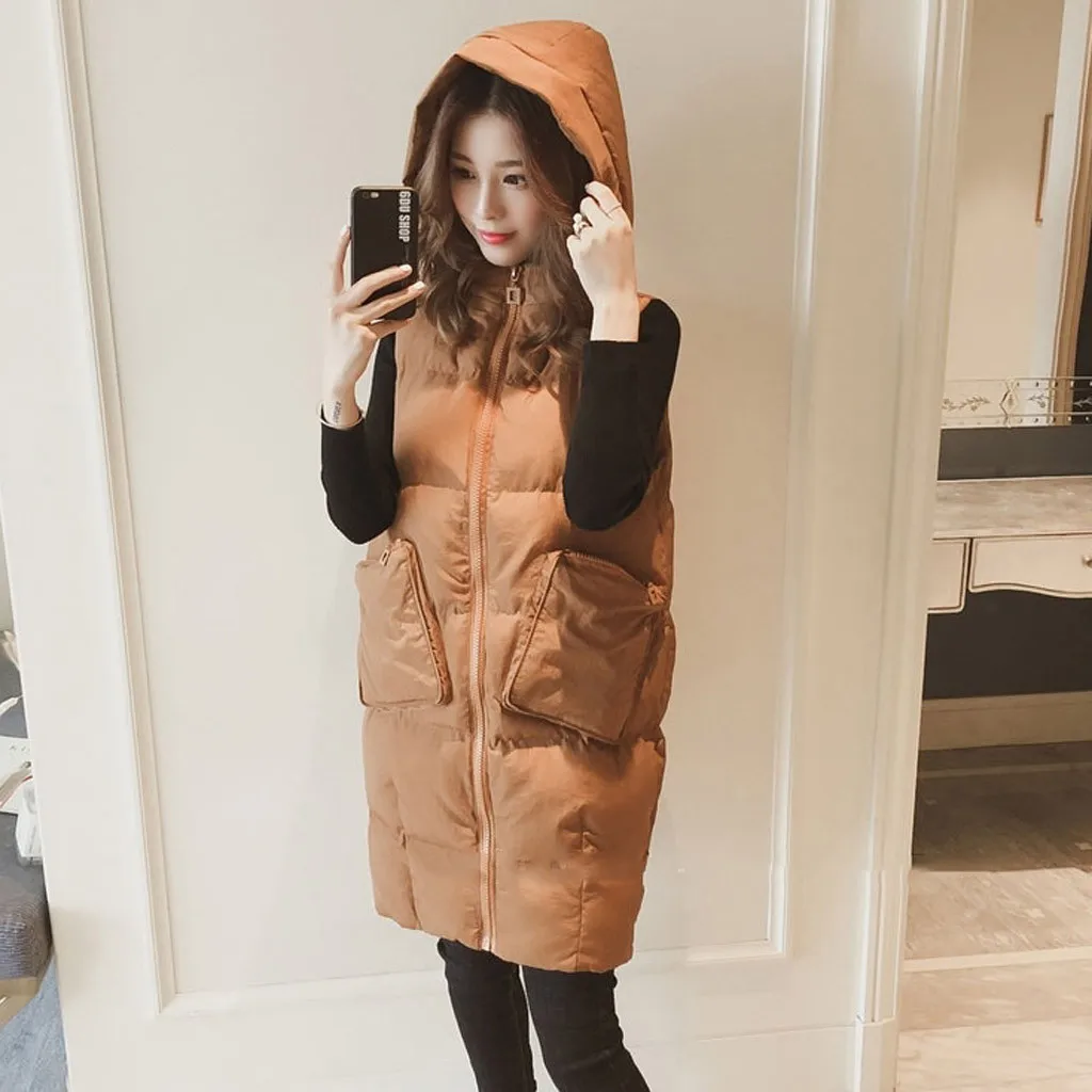 JAYCOSIN Ladies New Fashion Stand Collar Wild Long Vest Casual Solid Color Warm Hooded Cotton Vest Autumn And Winter Hot Jacket