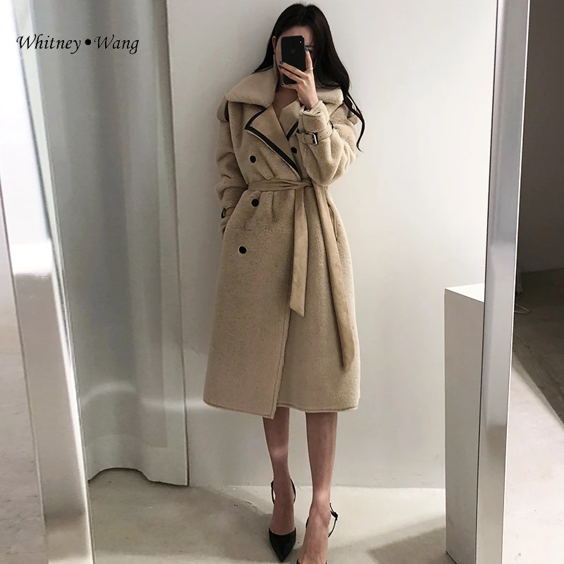 Хаки WHITNEY WANG осень зима мода уличная двубортный ремень длинное пальто из искусственного меха женское плотное зимнее пальто верхняя одежда - Цвет: Хаки
