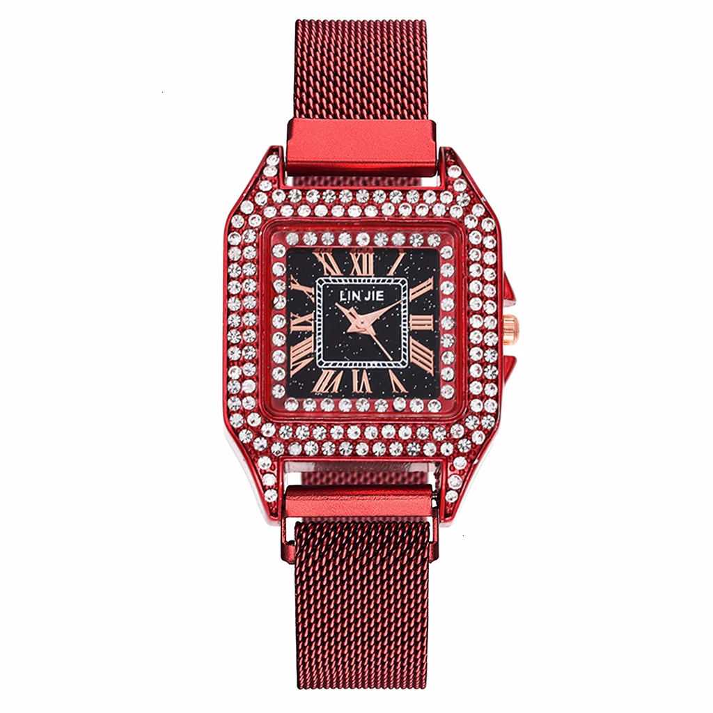 red Women Magnet Buckle Square Case Shape Diamond Watch Luxury Ladies Stainless Steel Belt Quartz Watches Gift Clock - Color: red