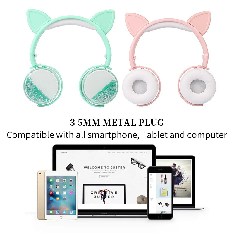 Quicksand Glitter Wired Headphone Portable Student Child Cat Ear Headphones for Xiaomi Samsung 3 5mm Jack PC Phone Headset