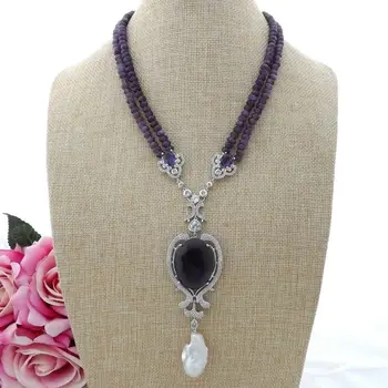 

18''2Strands Rondelle Amethyst Necklace White Keshi Pearl CZ Pendant