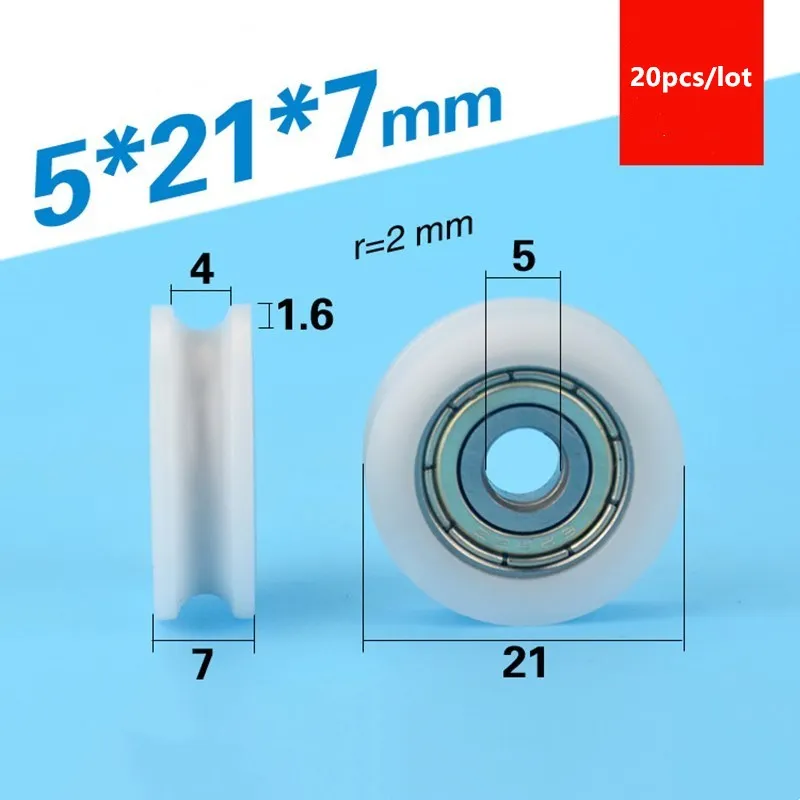

20pcs U groove Plastic coated bearing 625ZZ 5*21*7mm doors and windows POM roller wheel nylon wrapped pulley Bore 5mm Dia 21mm