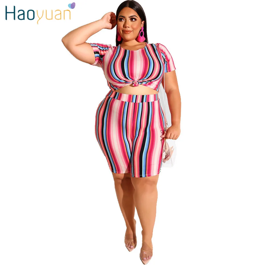 

HAOYUAN Two Piece Set Festival Clothing Stiped Tie Dye Print Plus Size Crop Top and Biker Shorts Sexy 2 Piece Outfits for Women