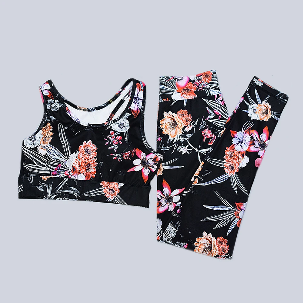 2 Piece Set Women Yoga Set Gym Clothing Floral Workout Set Fitness Women Sport Suit Jogging Workout Clothes For Women Sportswear