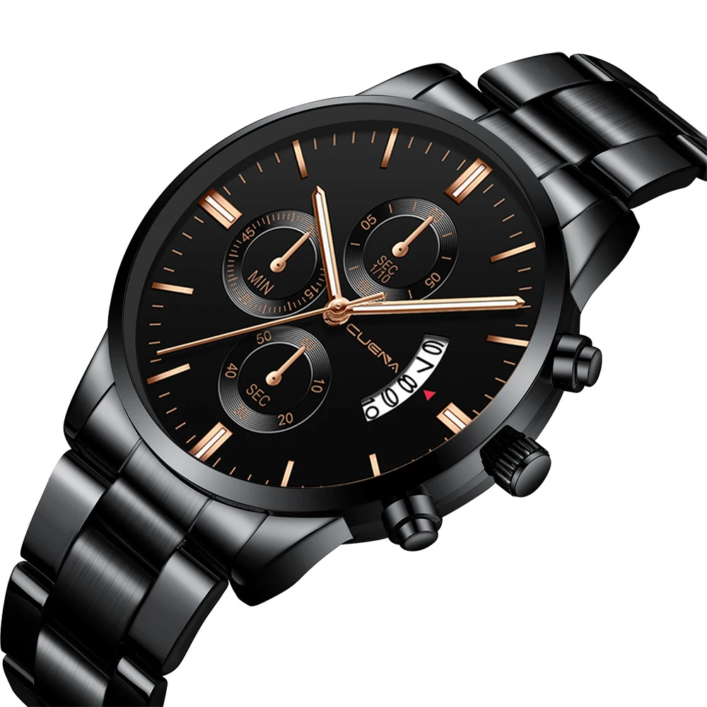 

Black shell rose gold hands men's quartz steel belt watch Korean version of the simple trend table wholesale with calendar