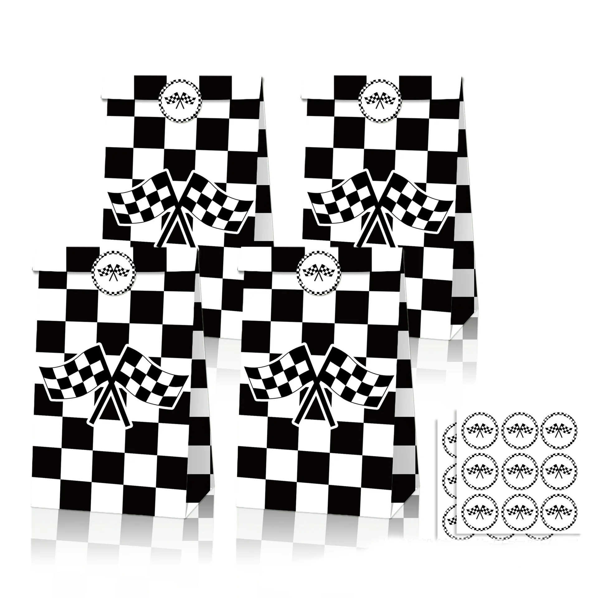 Checkered Racing Treat Bags with Sticker Black and White Candy Goodie Paper Gift Bags for Cars Birthday Party Favor