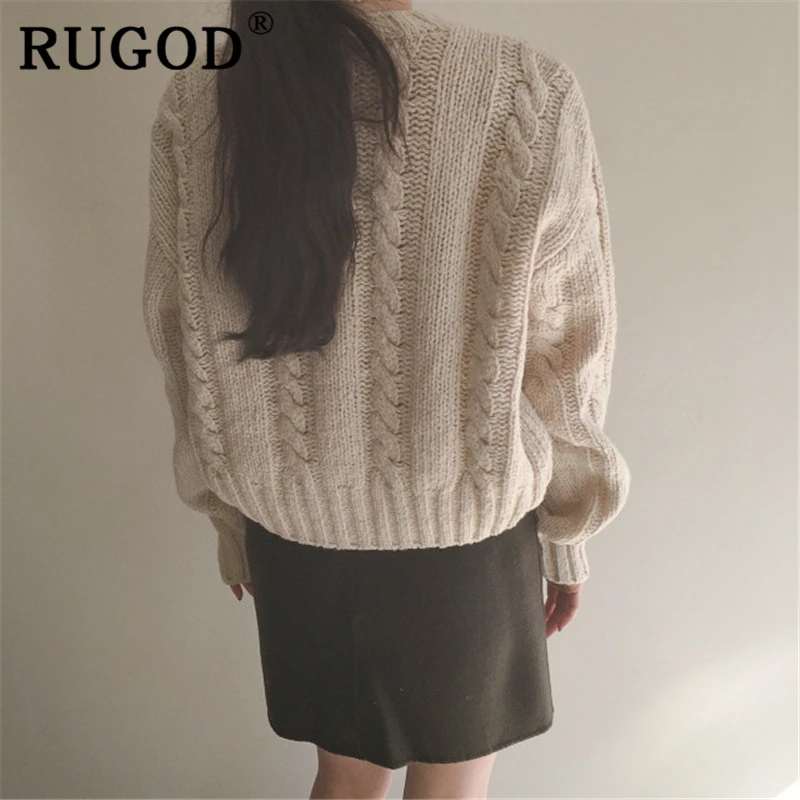 RUGOD, элегантный вязаный женский кардиган, корейский стиль, круглый воротник, витая женская вязаная одежда, винтажная однотонная Повседневная Студенческая верхняя одежда