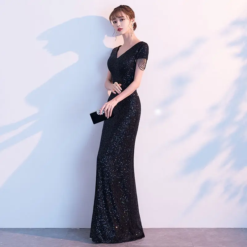 Черный блесток Длинное Элегантное платье без рукавов для девочек; vestidos de fiesta de noche Выпускные вечерние платья robe de soiree с v-образным вырезом