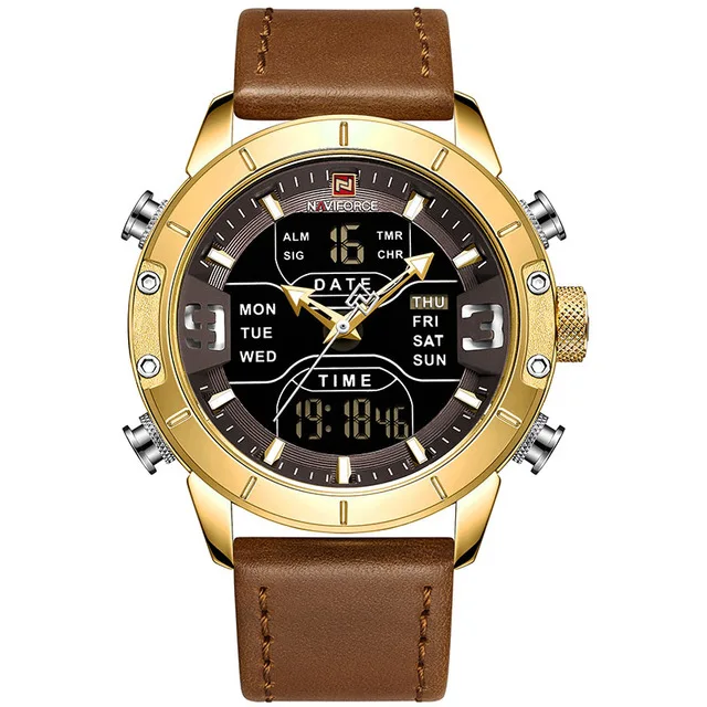 yellow gold-Leather NAVIFORCE мужские часы Топ люксовый бренд водонепроницаемые кварцевые мужские часы кожа аналоговые спортивные цифровые мужские часы Relogio Masculino - Цвет: yellow gold-Leather
