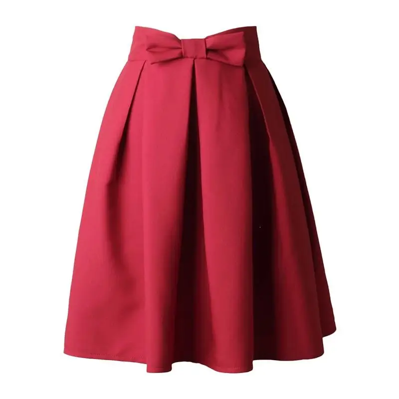 Женские весенние юбки размера плюс с бантом и высокой талией, повседневные плиссированные юбки до колена, Женские однотонные юбки трапециевидной формы в стиле ампир