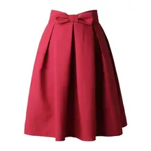Женские весенние юбки размера плюс с бантом и высокой талией, повседневные плиссированные юбки до колена, Женские однотонные юбки трапециевидной формы в стиле ампир