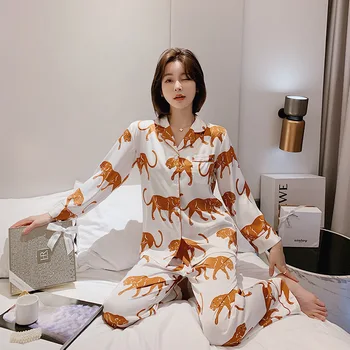 

African leopard ice silk pajamas women's summer long-sleeved thin silk simple fashion two-piece suit ladies summer home service