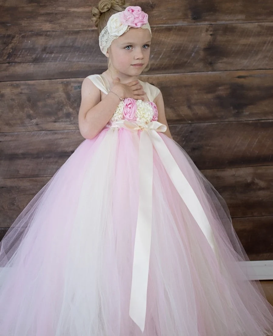 Baby Girls Pink Flower Tutu Dress Kids Crochet Tulle Dress Ball Gown