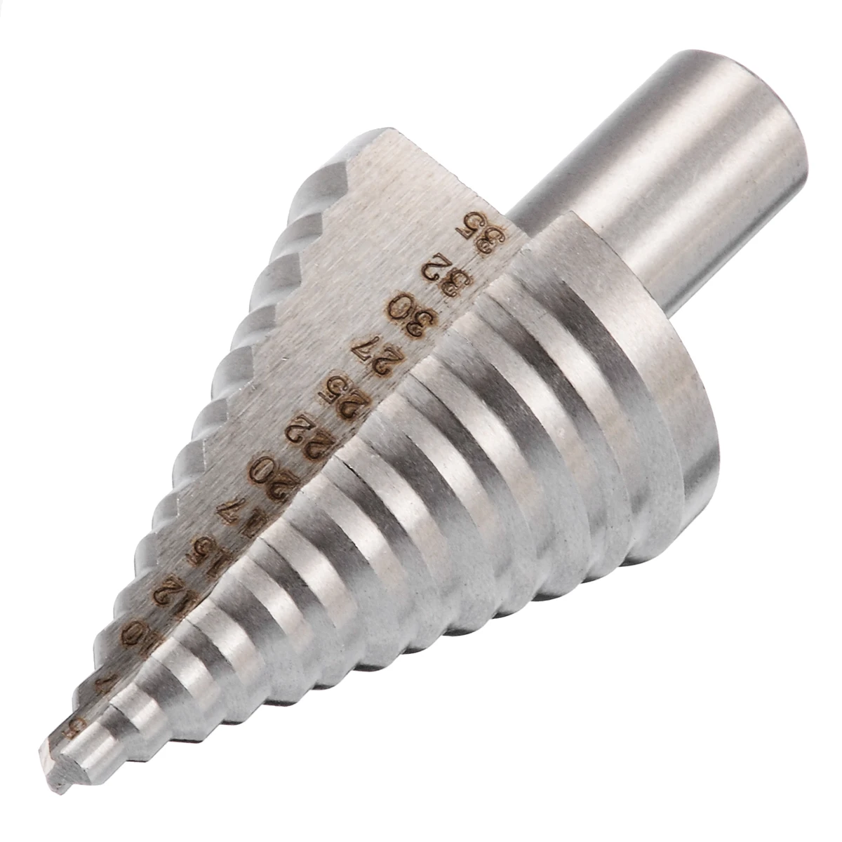 1pc HSS Step Cone Drill Bit Triangle Round Shank Spiral Grooved Wood Hole Cutter 5/7/10/12/15/17/20/22/25/27/30/32/35mm