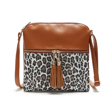 

Women Fashion Leopard Pattern PU Leather Handbag Shoulder Bag with Tassel Purse X7XC
