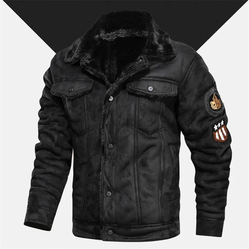 MORUANCLE Для мужчин с искусственным мехом, куртки-бомберы пальто с флисовой подкладкой зимние теплые бархатные верхняя одежда в стиле «Пилот» толстый Термальность кожаное пальто - Color: Black