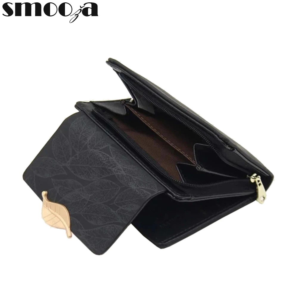 SMOOZA Leaf Print Wallet Female Leather 2022 Matte Short Cartera Mujer Cute Tri-fold Multi-card | Багаж и сумки