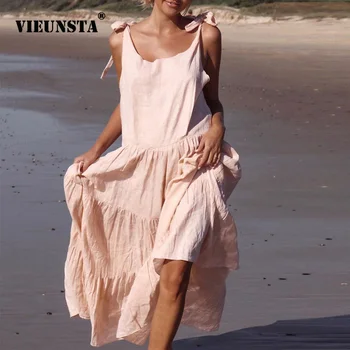 

Cotton Linen Summer Dress Women 2020 Spring Backless Solid Casual Long Party Dress Sexy Tie-up Bow Sleeveless Floor-Length Dress