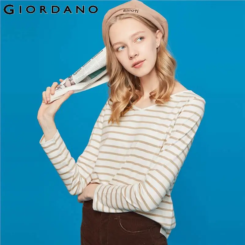 Giordano женская футболка в полоску с v-образным вырезом и длинным рукавом хлопковая
