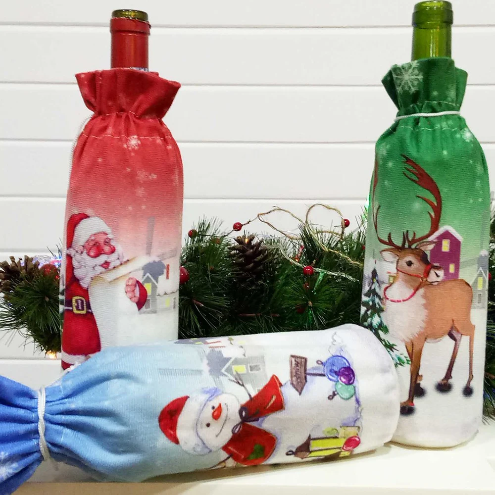 Рождественские красные чехлы для винных бутылок сумка Санта Клаус Снеговик льняные Чехлы для бутылки шампанского Рождественская вечеринка домашний декор стол