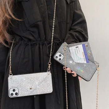 

With Strap Phone Case For Huawei P40 30 Pro Mate 30 Pro Nova 5 4 6 Credit Card Wallet Crossbody Long Chain Flash Drill Backcover