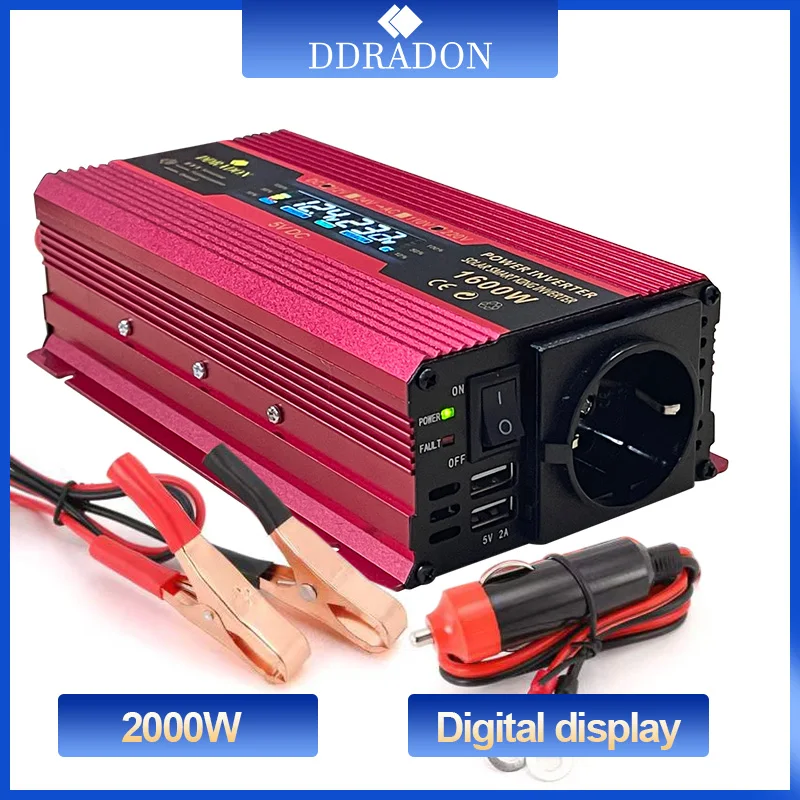 Inverter di Alimentazione per Auto, Adattatore per convertitore di Caricabatterie USB, Onda sinusoidale modificata, Metallo e Materiale plastico, 1500 W CC 12 V / 24 V a CA 220
