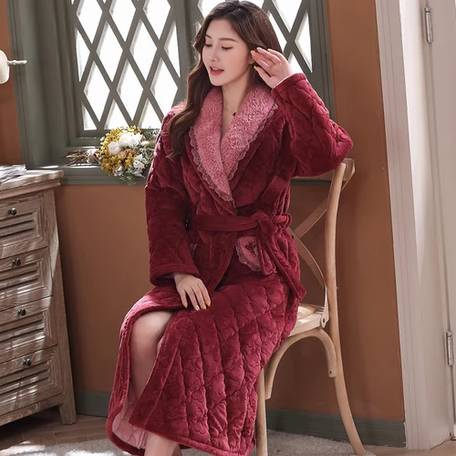럭셔리 레드 플란넬 퀼트 가운, 여성 두꺼운 우아한 드레싱 가운, 따뜻한 벨트 여성 목욕 가운, 겨울 긴 가운, 여성 목욕 가운 4
